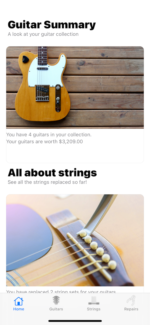 Home screen with a guitar summary