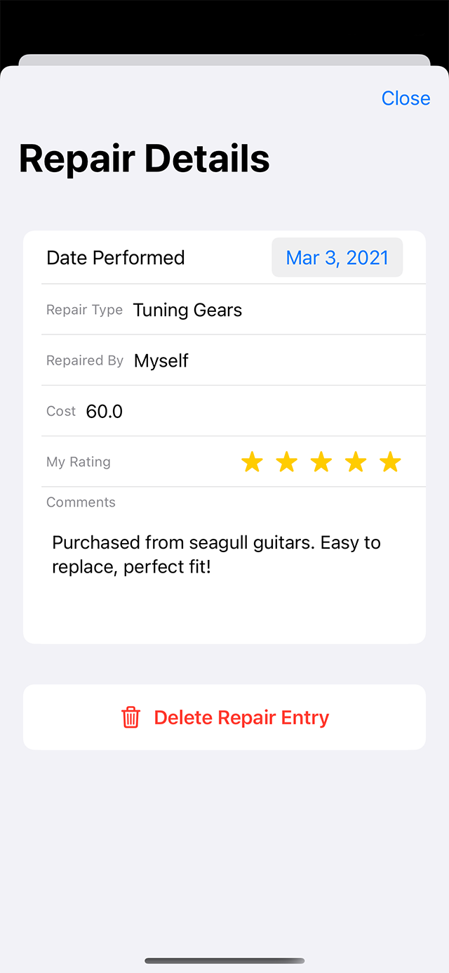 Repair details screen